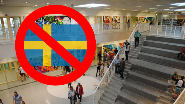 At Söndrumsskolan in Sweden, the Swedish flag is prohibited to use, principal told us. Photo: halmstad.se (graphics made by Nyheter Idag)