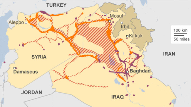Orange visar en grov bild av vägar och områden kontrollerade av islamiska staten. Illustration: BBC