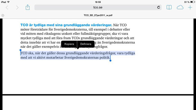 Såhär förhåller sig TCO till Sverigedemokraterna. Foto: Faksimil tco.se