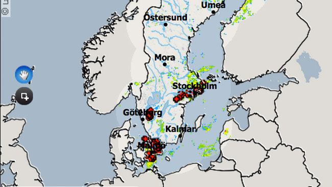 Ögonblicksbild från SMHIs åskradar under morgonen. Foto: Faksimil / smhi.se