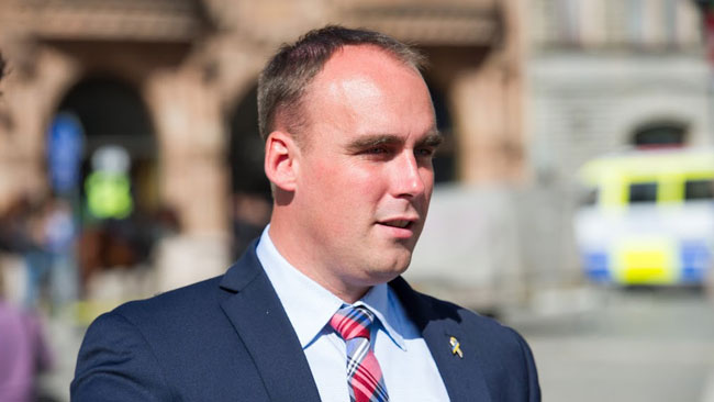 Stefan Jacobsson är partiledare i högerextrema Svenskarnas Parti. Foto: Sven Pernils / Nyheter Idag