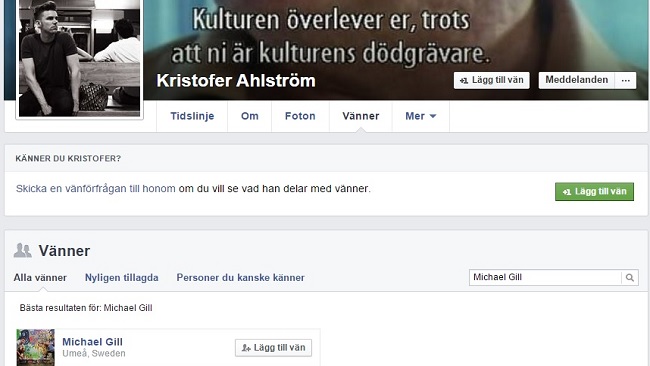 Ahlströms vänskap med intervjuobjektet Michael Gill Foto: Faksimil Facebook