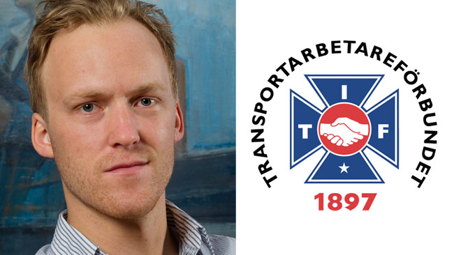 Gabriel Dahlander, pressekreterare hos Transportarbetareförbundet. Bilden är ett montage. Foto: Jan Lindkvist