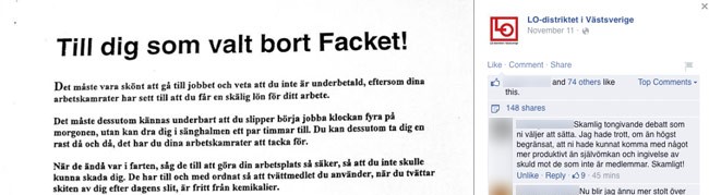Brevet som postades av LO på Facebook har nu tagits bort. Foto: Faksimil Facebook