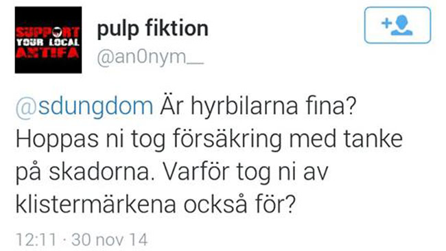 Tweeten som misstänkts komma från Antifa. Foto: Faksimil Twitter