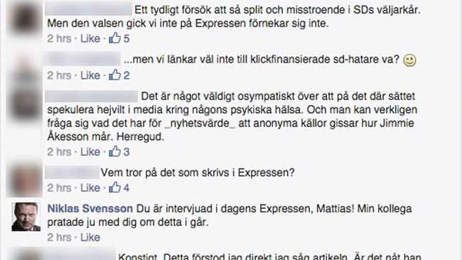 Niklas Svensson ger sig in i diskussionen på Karlssons Facebook. Foto: Faksimil Facebook