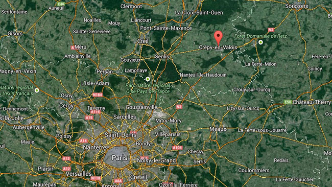 De två terrormisstänkta sägs ha lokaliserats till ett litet samhälle strax norr om Paris. Foto: Google Maps