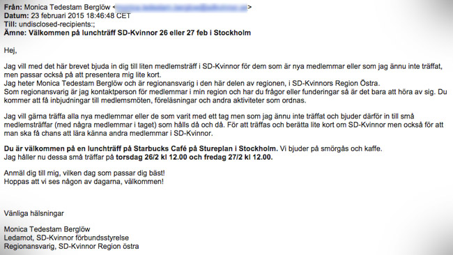 Bara dagar innan maktkampen avgörs passar William Hahnes mamma på att bjuda in medlemmar i SD-kvinnor där hon uppmanar att rösta på hennes son, enligt en som närvarat på ett av mötena.