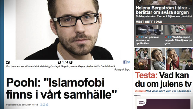 Daniel Poohl från Expo blev intervjuad i Expressen om moskébranden. Foto: Faksimil expressen.se