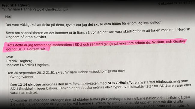 Hagberg var själv tveksam till att vara engagerad i SDU eftersom han då var dubbelansluten.