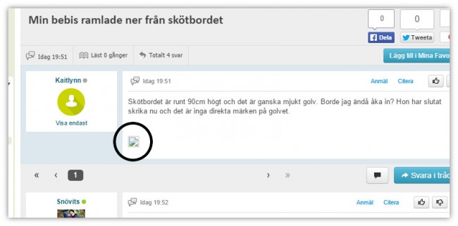 Den skadliga koden syns på sidan i form av en "trasig" bild (inringat). Foto: Skärmdump