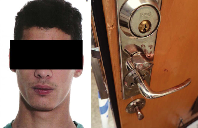 Gärningsmannen fotograferad av polisen samt blodspår efter honom på brottsplatsen. Foto: Polisen