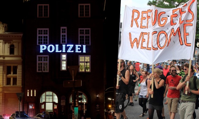 Polisstation vid Reeperbahn i Hamburg och tysk demonstration 2014 för ökad flyktingmottagning. Foto: Flickr