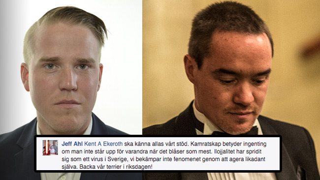 Jeff Ahl (t.v), Kent Ekeroth (t.h) samt Facebook-kommentaren (infälld). Foto: riksdagen.se, Nyheter Idag samt faksimil Facebook.