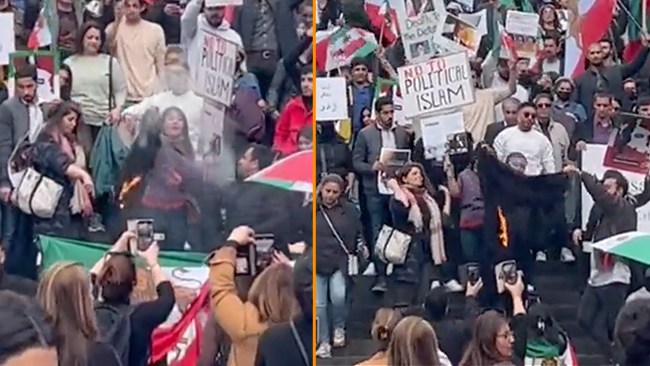 Demonstration i Stockholm – slöjor brändes i protest mot iranska regimen