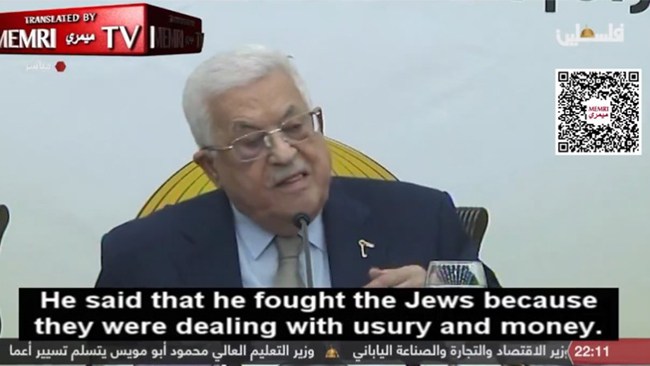 Palestinas president: Hitler "bekämpade judarna för att de ägnade sig åt ocker"