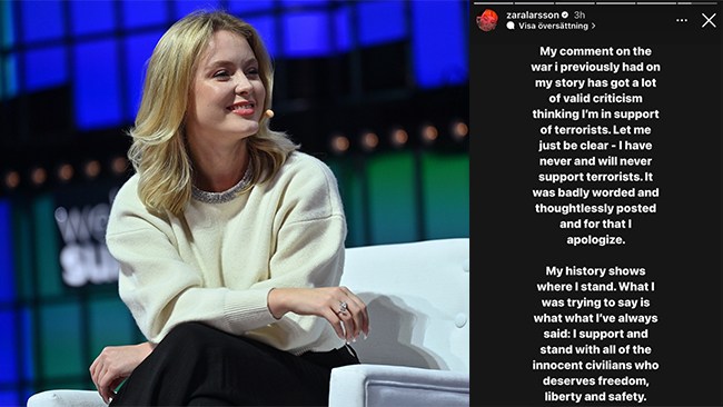 Zara Larsson ber om ursäkt för inlägg om Hamas-terrorn